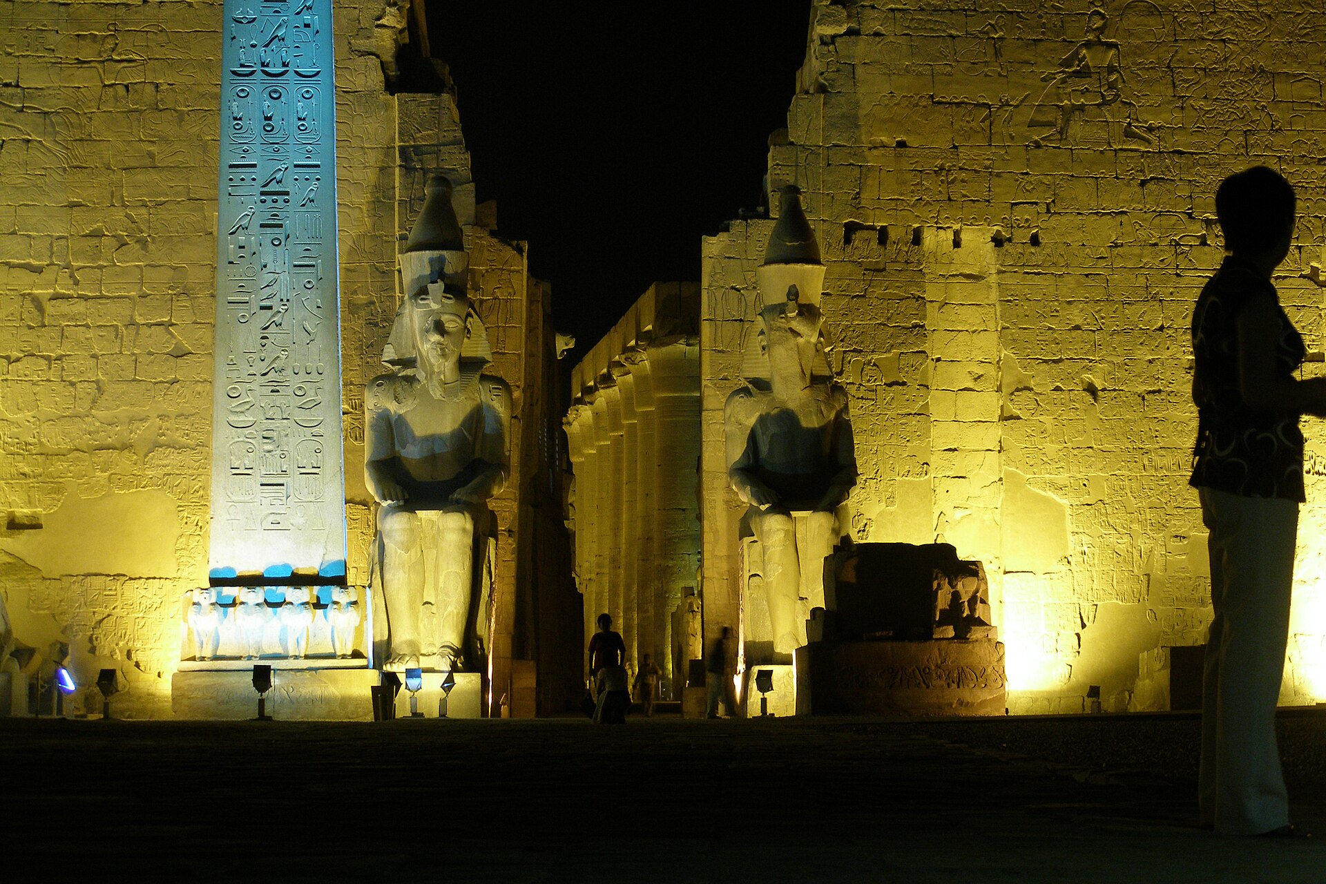 Luxor Temple pylons and obelisk lit at night